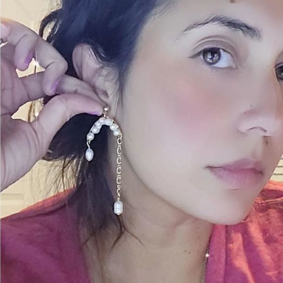 Handmade gold filled pearls earrings asymmetrical long - Picture 2 of 5